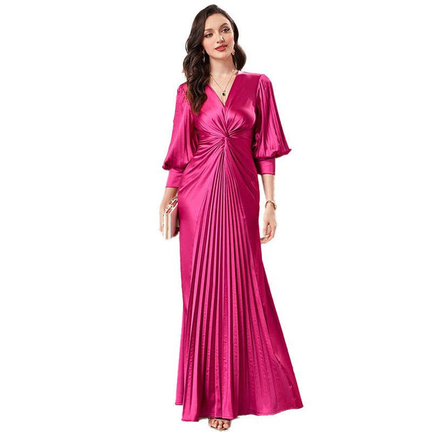 Plus size rose red slim fit lantern sleeve evening dress with high waist and pleated skirt