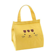 Yellow insulated thermal lunch bag with cute cartoon cat face design and handles