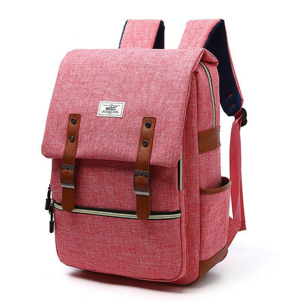 Vintage pink canvas backpack for men and women with leather straps, USB charging port, and multiple compartments for school and travel use