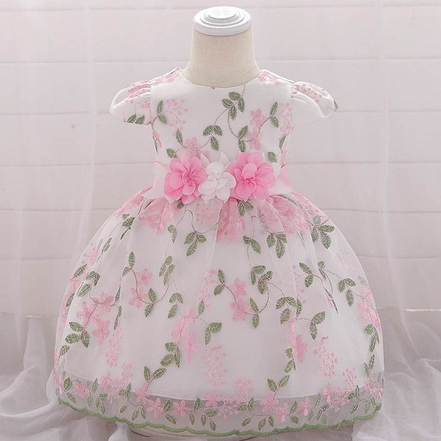 Floral pink and white fluffy children's party dress for baby girls with flower decorations