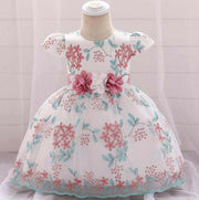 baby girls floral birthday party dress with pink flowers and green leaves summer children's clothing