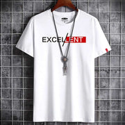 Men's white cotton summer short-sleeved round neck T-shirt with "EXCELLENT" print
