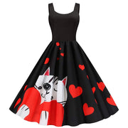 Black Valentine's Day print party dress with red hearts and cat illustration
