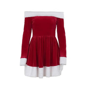 Women's Christmas costume Santa dress with plush trim, off-shoulder boat neck, and long sleeves in red velvet