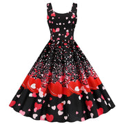 Black Valentine's Day print party dress with red and pink hearts and sleeveless design