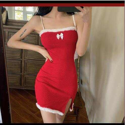 Sexy red Christmas annual party dress with white fur trim, high waist, tight fit, and split hip design