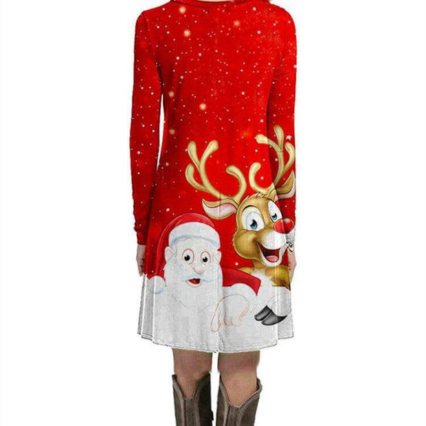 Women's fashion casual red Christmas printed party dress with Santa and reindeer design, mid-length A-line skirt, polyester fiber fabric.