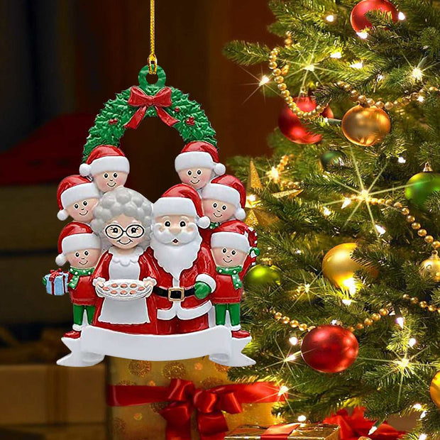 Christmas wooden pendant decoration featuring Santa, Mrs. Claus, and elves with holiday wreath design
