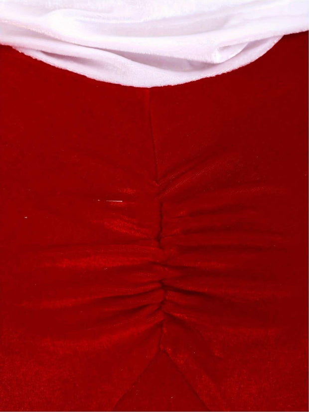 Close-up of red velvet fabric detail on Gold Velvet COS Christmas party A-Line hooded dress