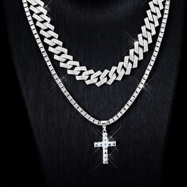 Zircon Cross Pendant Necklace Hip Hop Full Miami Curb Cuban Chain