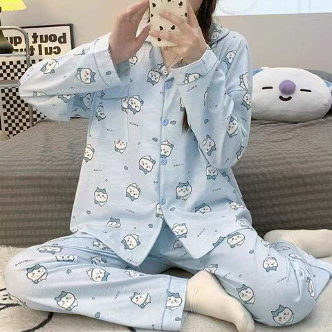 Women's loose and cute cartoon milk silk pajamas set with long sleeves and trousers in light blue color