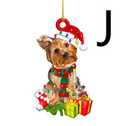 Christmas wooden pendant decoration featuring a dog with Santa hat and holiday gifts