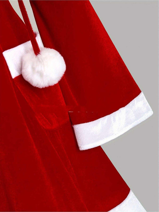 Red Gold Velvet COS Christmas party A-line hooded dress with white trim and pom-pom detail