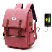 vintage men women canvas backpack with USB charging port in pink for school and travel