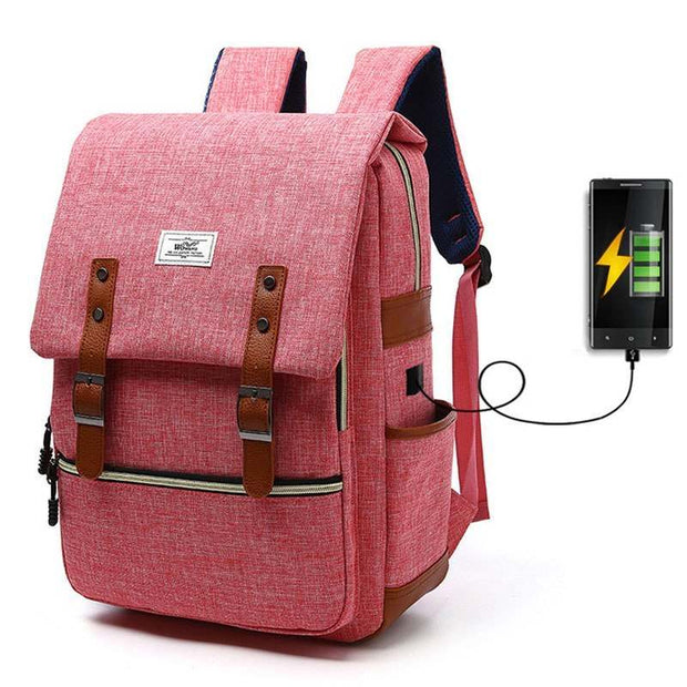 vintage men women canvas backpack with USB charging port in pink for school and travel