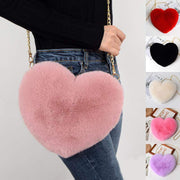 Plush heart-shaped love bag for women with chain shoulder strap in multiple colors including pink, red, black, white, and purple, perfect for Valentine's Day and parties.