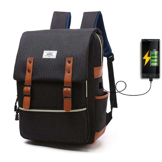Vintage men women canvas backpack with USB charging port for school and travel