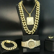 Gold-plated hiphop full diamond Cuban necklace set for men with matching bracelet, watch, and ring