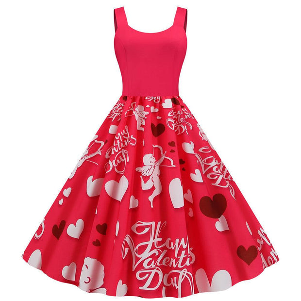 Valentine's Day print party dress with heart and cupid patterns on red cotton blend fabric