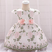 baby girl's summer floral fluffy dress with pink and white flower belt children's clothing
