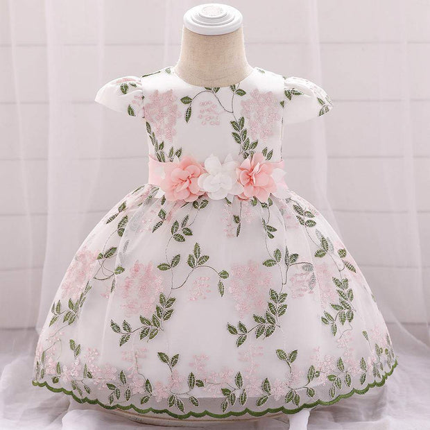 baby girl's summer floral fluffy dress with pink and white flower belt children's clothing