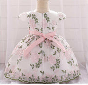Pink floral baby dress with bow for children's clothing summer party and wedding
