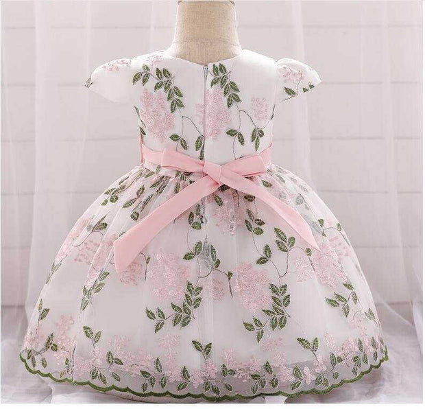 Pink floral baby dress with bow for children's clothing summer party and wedding