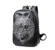 Black 3D Wolf Head student backpack with gothic rivet design and PU leather material