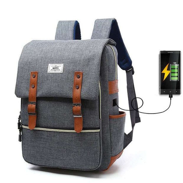 Vintage men women canvas backpack with USB charging port for school and travel