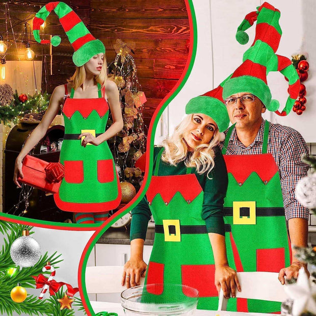Green and red Christmas cosplay clothing with elf hats and aprons for holiday parties