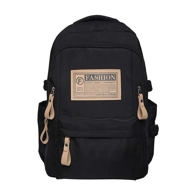 Solid multi-pocket black backpack with beige zipper pulls for school and travel