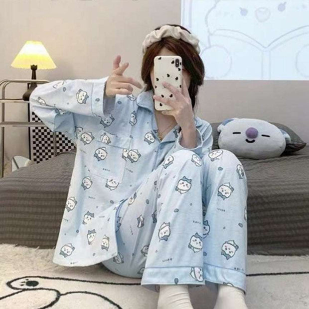 Pajamas Women's Loose And Cute Cartoon Long Sleeve Trousers Home Wear Two-piece Suit