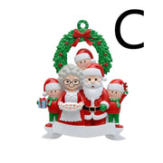 Christmas Wooden Pendant featuring Santa Claus, Mrs. Claus, and elves with a holiday wreath design.