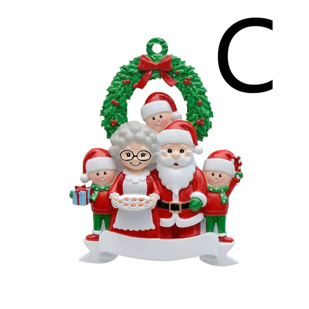 Christmas Wooden Pendant featuring Santa Claus, Mrs. Claus, and elves with a holiday wreath design.