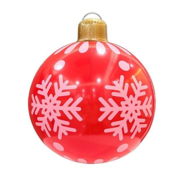 red inflatable Christmas ball with white snowflake pattern and gold top for outdoor garden decoration