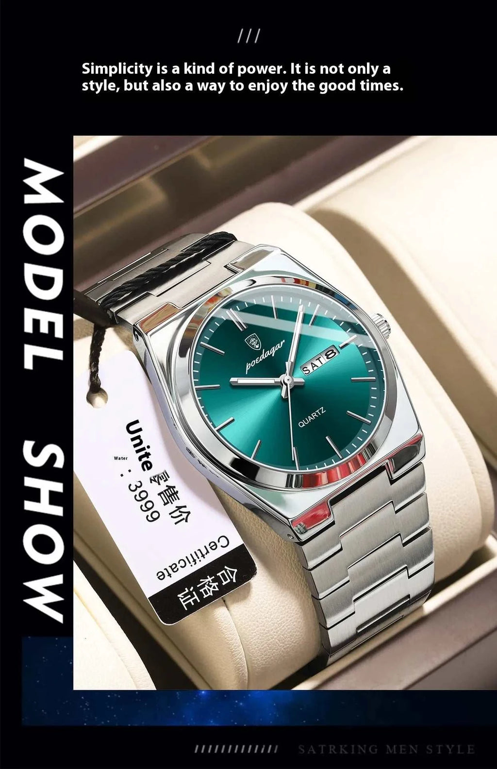 Ultra-thin Men's Watch Waterproof Luminous Quartz Watch displayed on a luxurious cushion with a green dial.