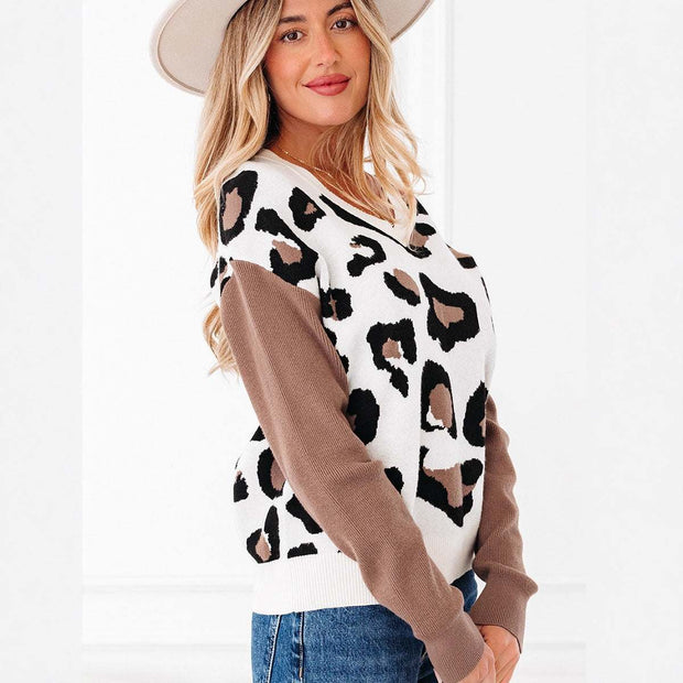 Fashionable Leopard Print Printed V-neck Knitted Sweater