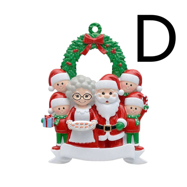 Christmas wooden pendant with Santa, Mrs. Claus, elves, and wreath decoration