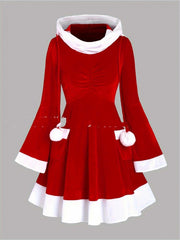 Red Gold Velvet COS Christmas party hooded A-line dress with white trim and pom-poms, long sleeves, mid-waist, mid-length skirt, and three-dimensional decoration
