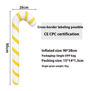 Inflatable Christmas ball decoration shaped like a yellow and white candy cane with CE certification, 90x28cm size, packed in a single OPP bag.