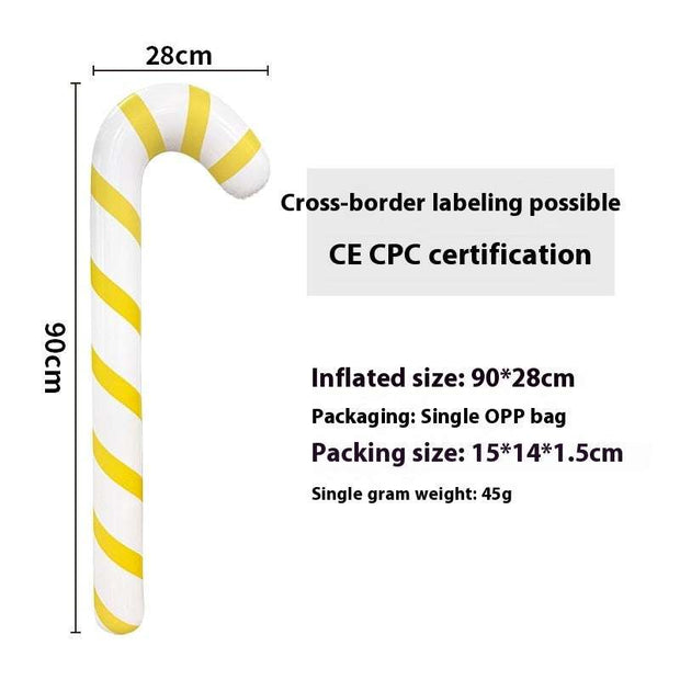 Inflatable Christmas ball decoration shaped like a yellow and white candy cane with CE certification, 90x28cm size, packed in a single OPP bag.