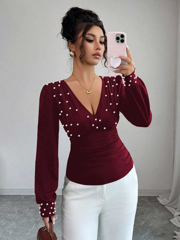 V-neck Pearl Solid Color Long Sleeved Fitted T-shirt Women