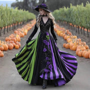 V-neck long sleeve dress with green and purple color blocking, floral applique, and asymmetric skirt for Halloween