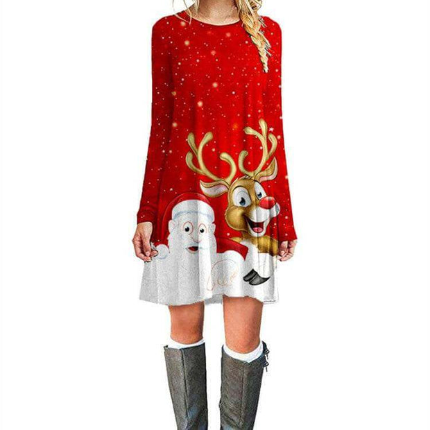 Women's fashion red casual Christmas printed party dress with reindeer and Santa design