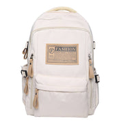 Solid multi-pocket backpack in beige nylon with large capacity for school and travel