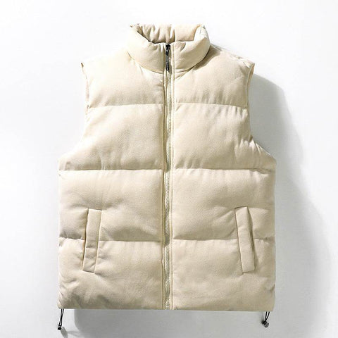 Men's simple stand-up collar cotton-padded vest in beige with zipper and slit pockets