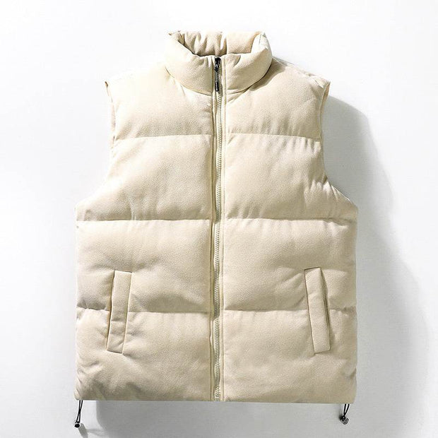 Men's simple stand-up collar cotton-padded vest in beige with zipper and slit pockets