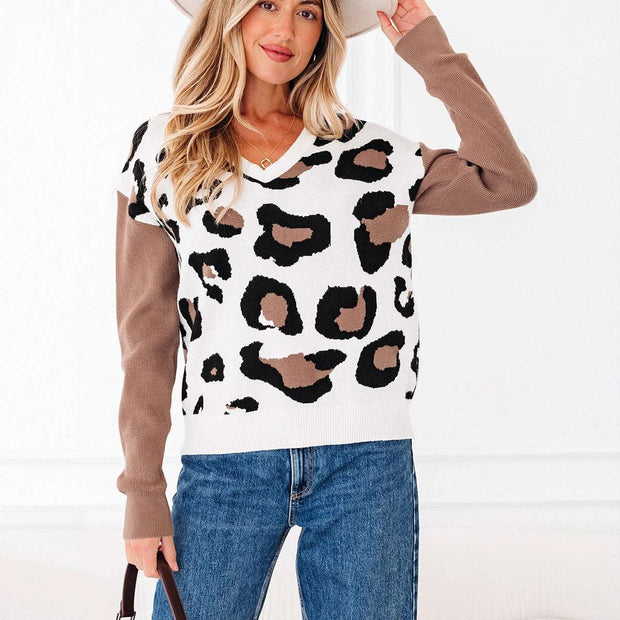 Fashionable Leopard Print Printed V-neck Knitted Sweater