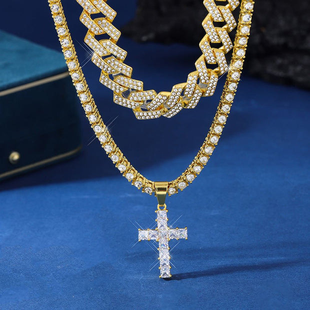Zircon Cross Pendant Necklace Hip Hop Full Miami Curb Cuban Chain