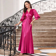 Rose red slim fit lantern sleeve evening dress with high waist and pleated skirt